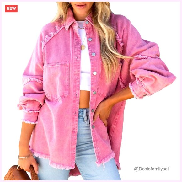 Women's Long Sleeve Denim Jacket Oversized Lapel Button Up Shacket Casual